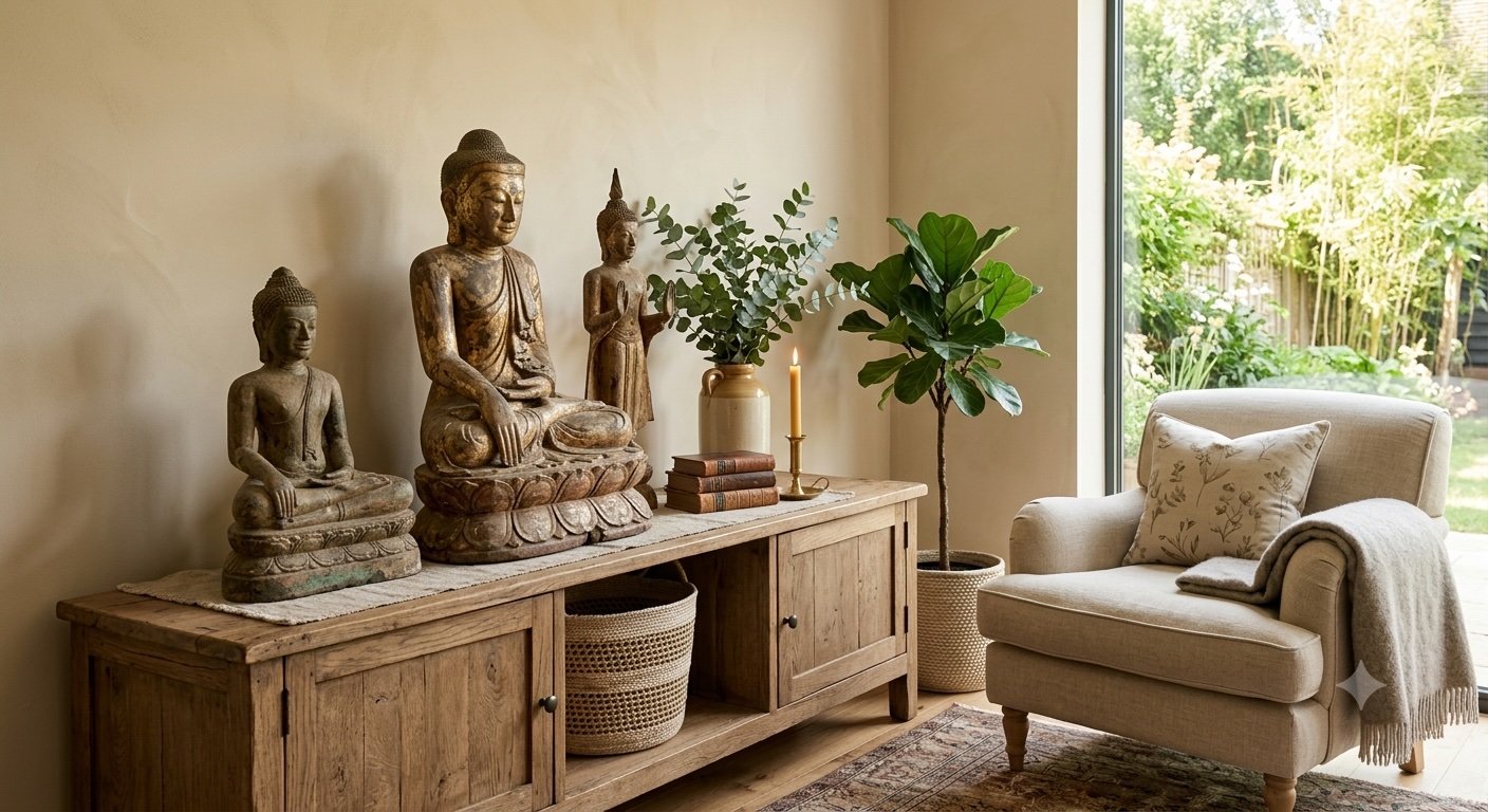 Ruhe und Stil mit antiken Buddhafiguren im Wohnbereich