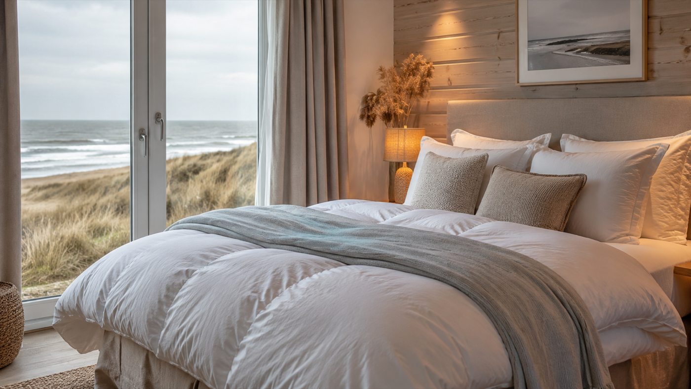 Daunenbettdecke und Biber-Bettwäsche in einem Ferienhaus auf Sylt
