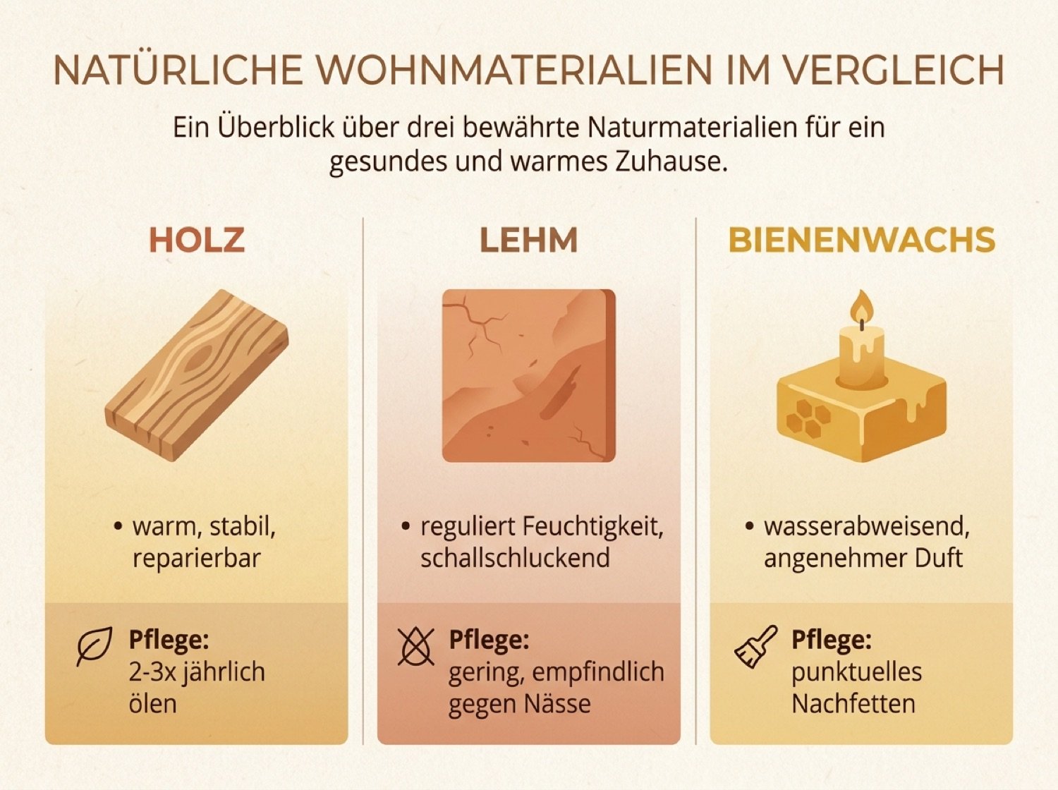 Vergleich von Holz, Lehm und Wachs beim Wohnen mit Naturmaterialien
