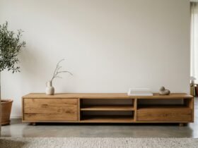 Ein niedriges Lowboard aus massivem Holz lässt die Wand darüber frei und beruhigt den Raum.