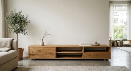 Ein niedriges Lowboard aus massivem Holz lässt die Wand darüber frei und beruhigt den Raum.