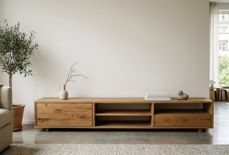Ein niedriges Lowboard aus massivem Holz lässt die Wand darüber frei und beruhigt den Raum.