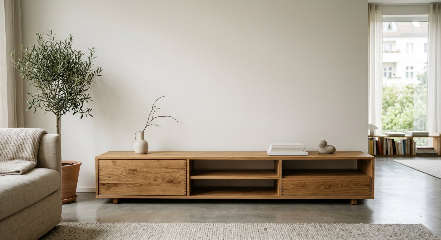 Ein niedriges Lowboard aus massivem Holz lässt die Wand darüber frei und beruhigt den Raum.