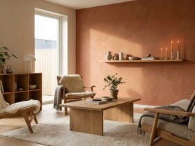 Wohnzimmer mit Naturmaterialien wie Holz, Lehm und Wachs