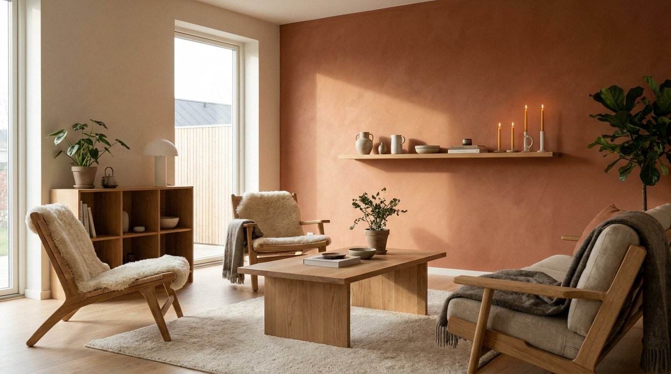 Wohnzimmer mit Naturmaterialien wie Holz, Lehm und Wachs