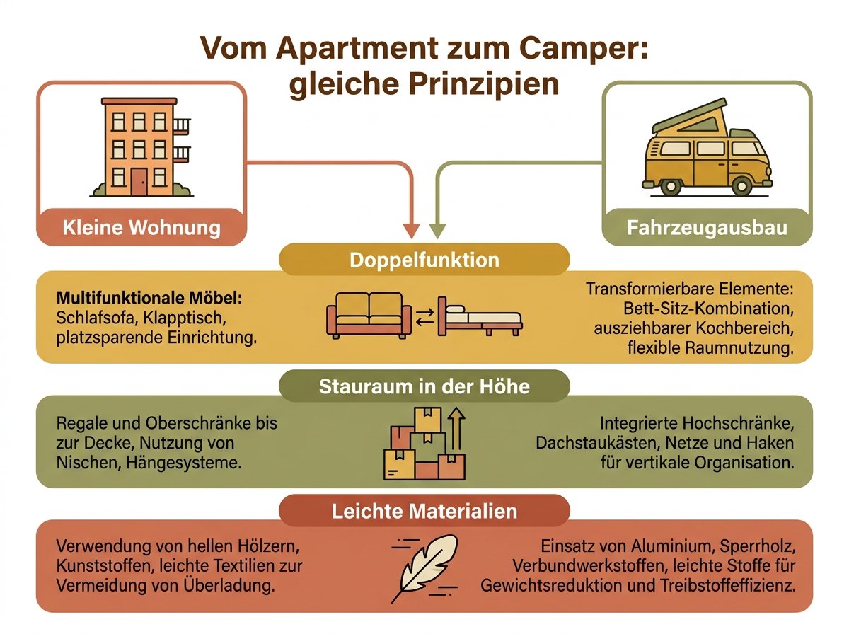 Infografik: gemeinsame Möbelprinzipien von kleiner Wohnung und Fahrzeugausbau