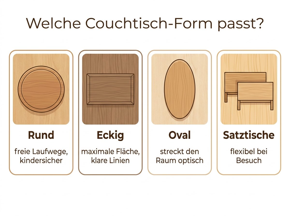 Infografik: Couchtisch-Formen im Überblick – rund, eckig, oval und Satztische mit Einsatzempfehlung