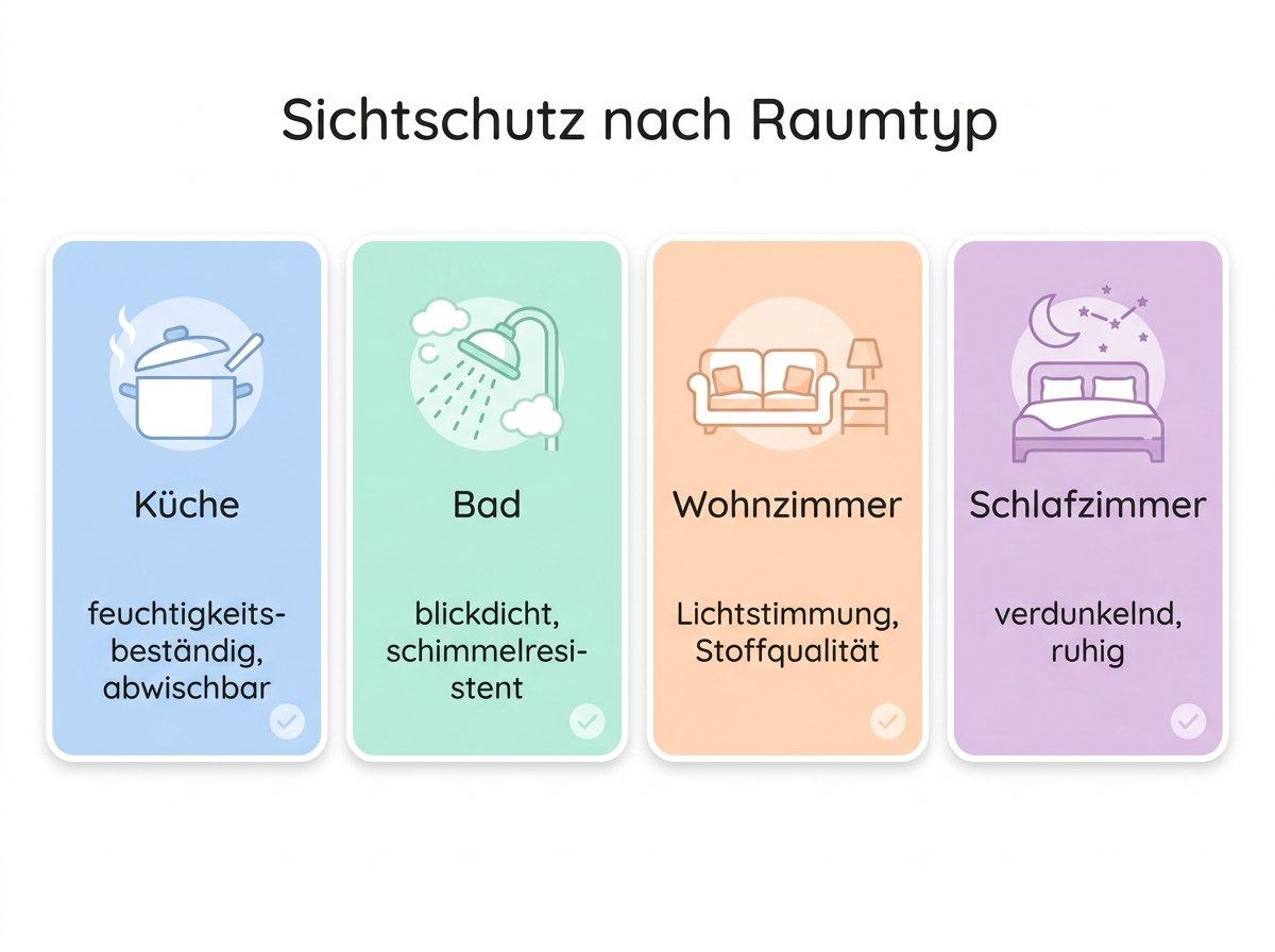 Infografik: Sichtschutz-Anforderungen für Küche, Bad, Wohnzimmer und Schlafzimmer im Vergleich