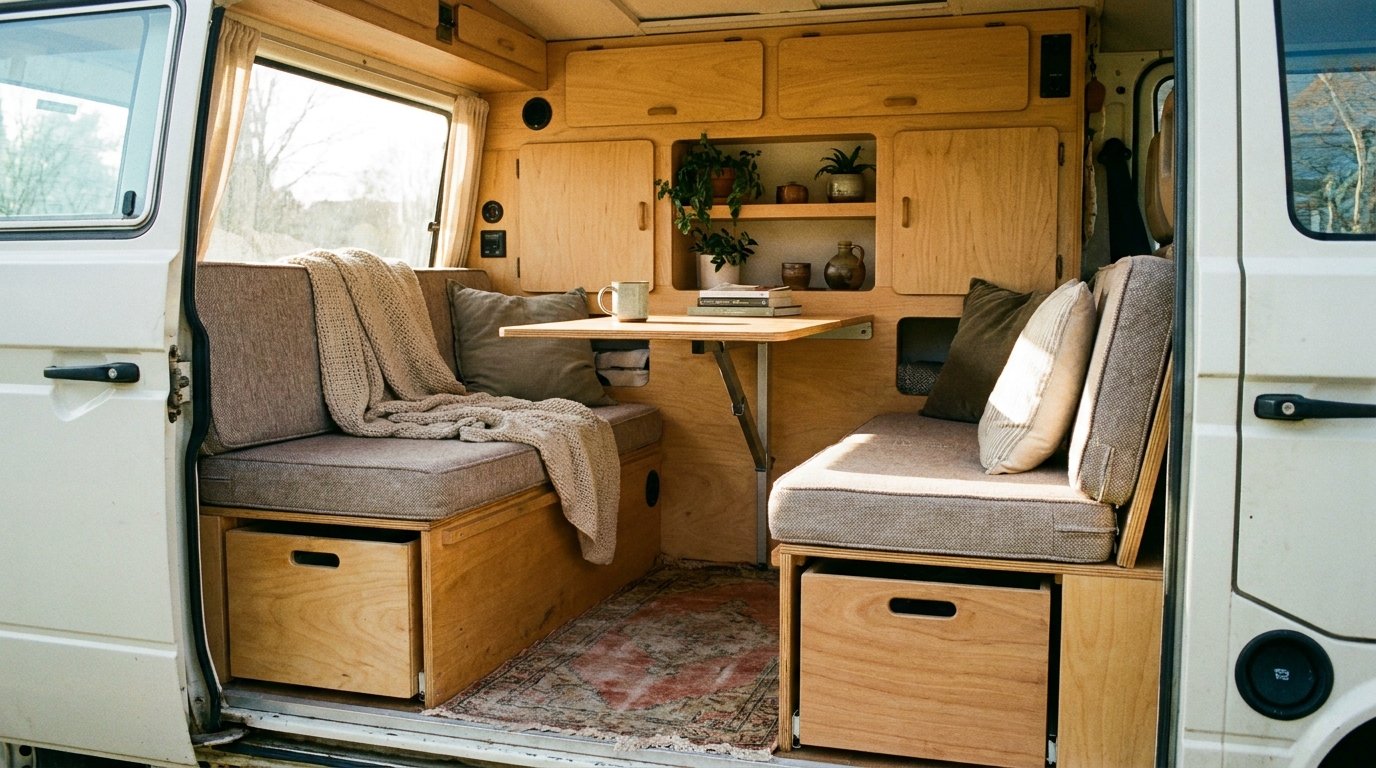 Camper-Innenraum mit Klapptisch, Sitzbänken mit Stauraum und hellen Holzschränken