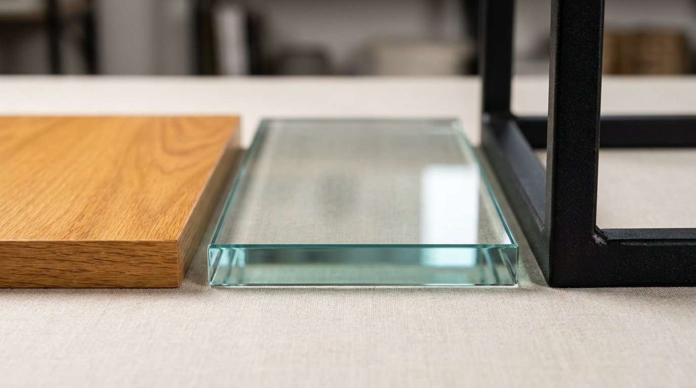 Detailaufnahme verschiedener Couchtisch-Materialien: Holzmaserung, Glasplatte und Metallgestell