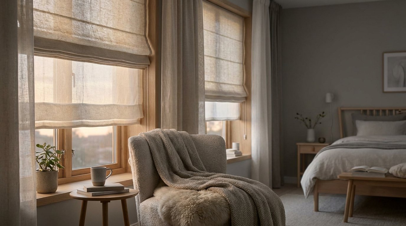 Schlafzimmerfenster mit mehrlagigem textilen Sichtschutz in ruhigen Naturtönen