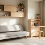 Kompaktes Apartment mit Schlafsofa, Klapptisch und Wandregalen als Stauraum