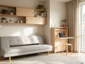 Kompaktes Apartment mit Schlafsofa, Klapptisch und Wandregalen als Stauraum