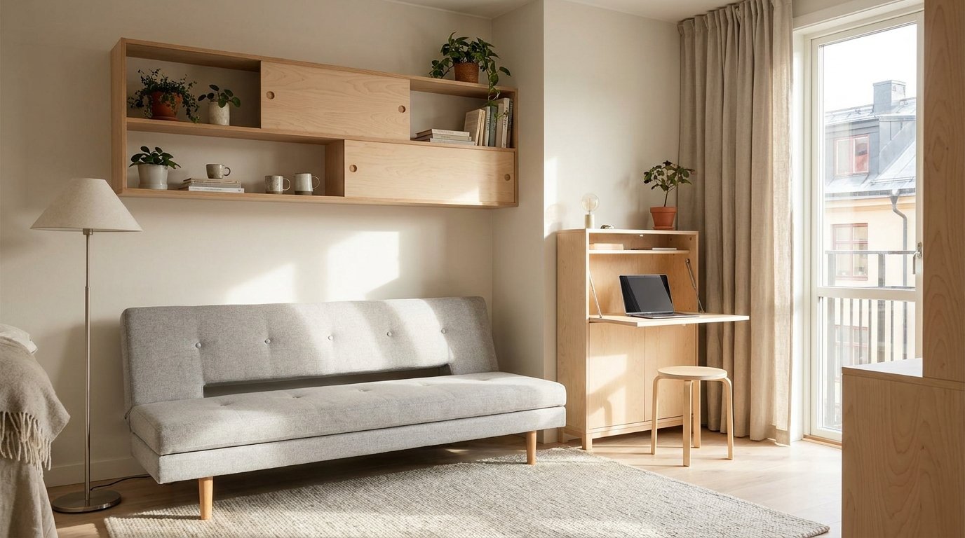 Kompaktes Apartment mit Schlafsofa, Klapptisch und Wandregalen als Stauraum