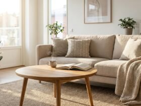Stilvoller Couchtisch aus Holz vor einem hellen Sofa im modernen Wohnzimmer