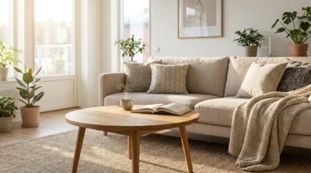 Stilvoller Couchtisch aus Holz vor einem hellen Sofa im modernen Wohnzimmer