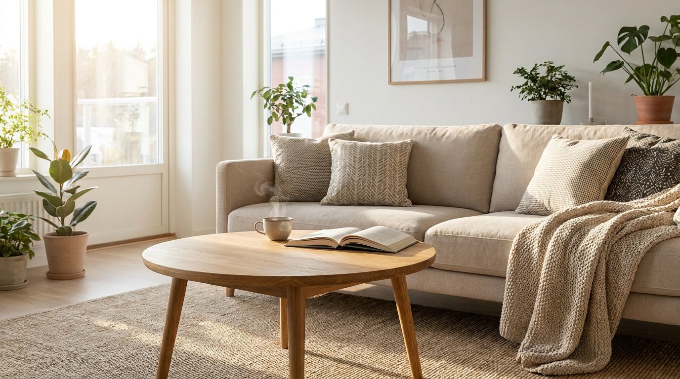 Stilvoller Couchtisch aus Holz vor einem hellen Sofa im modernen Wohnzimmer